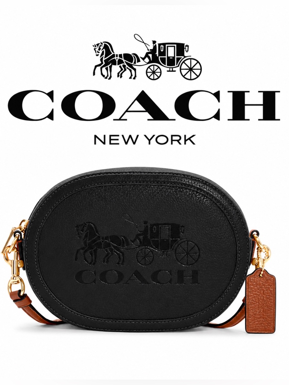 Coach Black Oval Camera Crossbody with Tan Strap